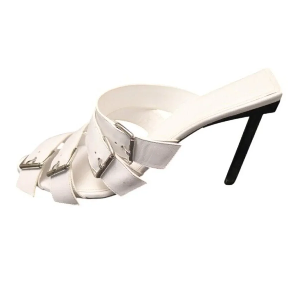 Balenciaga White Buckle Leather Open Toe Mules Stiletto Heel Silver 10 US 40 IT